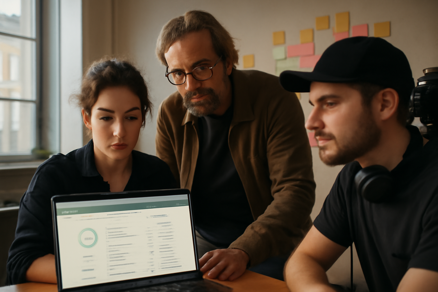 crowdsourcing : équipe créative et contributeurs en ligne sur un écran dans un studio
