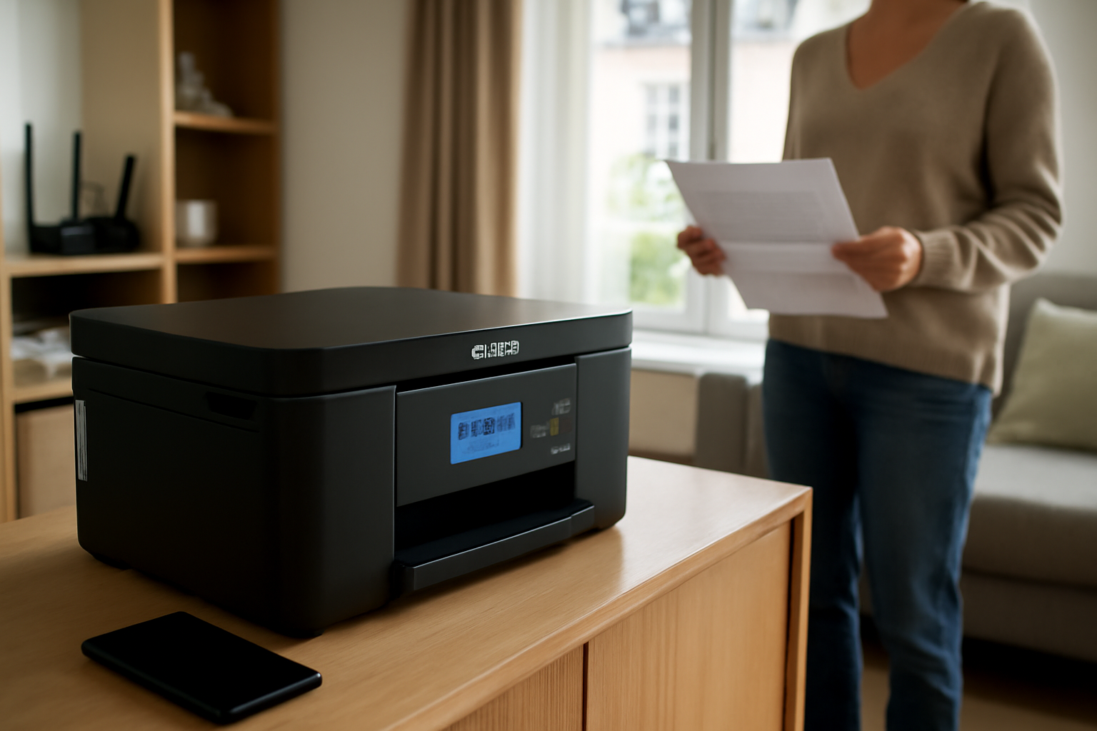 imprimante en wifi epson avec écran de configuration réseau dans un salon lumineux