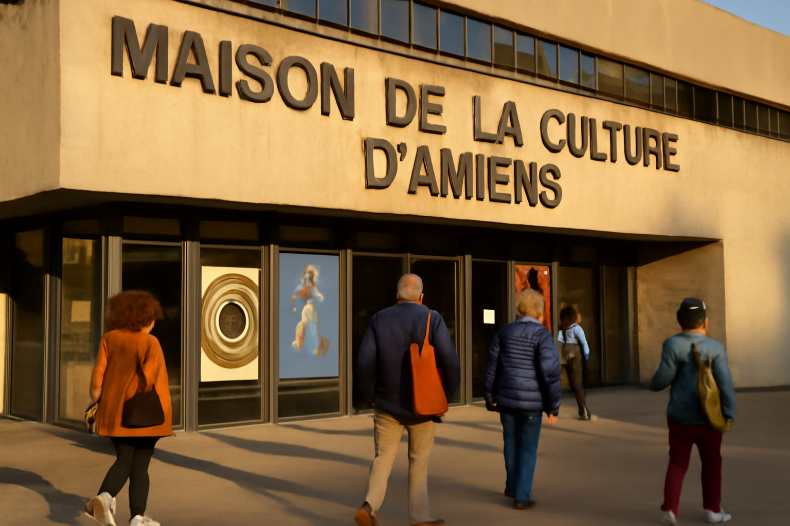 Maison de la culture d’Amiens : façade et entrée du pôle culturel à Amiens, lumière de fin d’après-midi, visiteurs