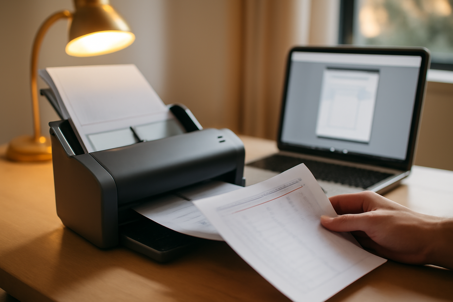 scanner multiple alimentant un document pour créer un PDF multi-pages sur un bureau lumineux