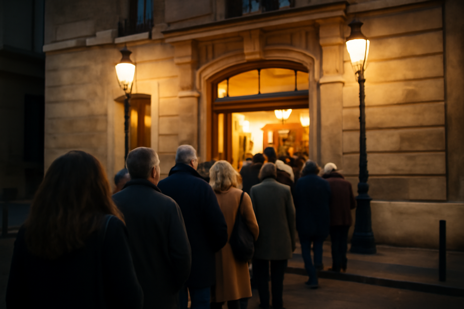 Théâtre du marais à Paris, façade et entrée de nuit, public attendant devant la salle