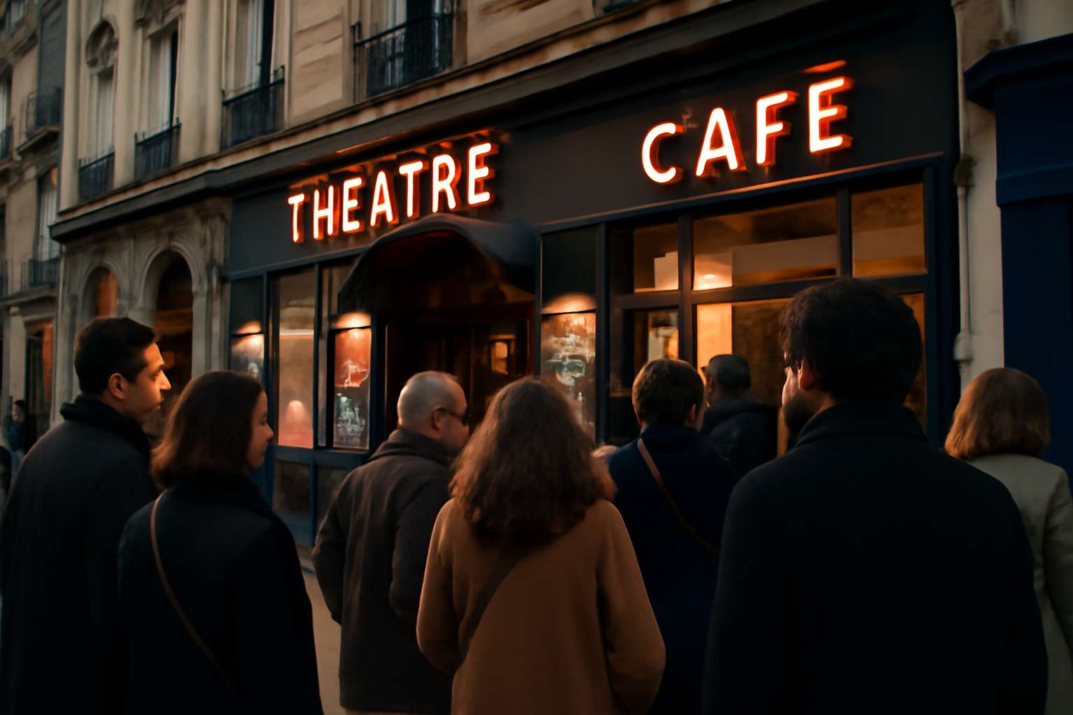 théâtre du splendid à Paris 10, entrée de salle et public devant une affiche de spectacle