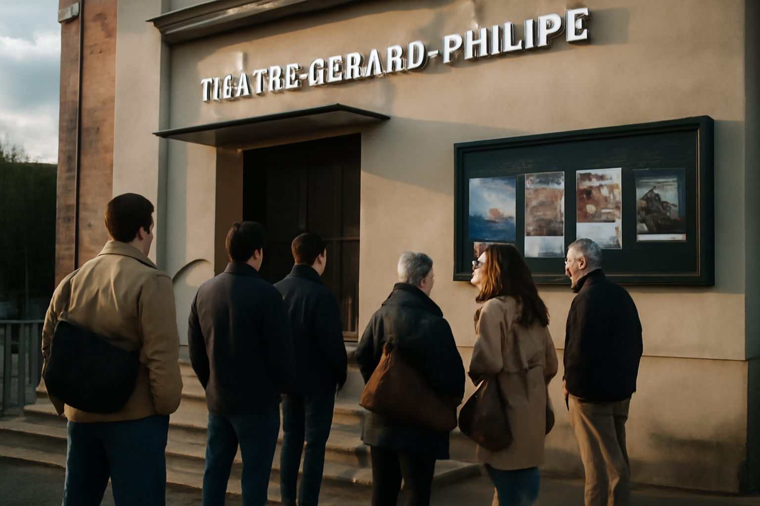 Façade du théâtre Gérard-Philipe, entrée de salle avec public à l’ombre des arbres, lumière de fin d’après-midi