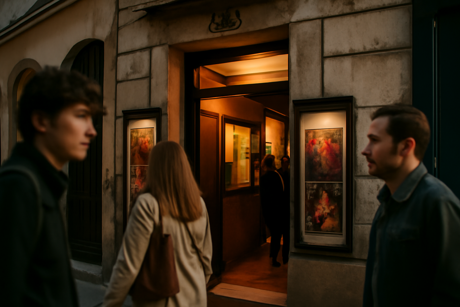 théâtre de la huchette façade parisienne de nuit, entrée rue de la Huchette, lumières chaudes, ambiance théâtre