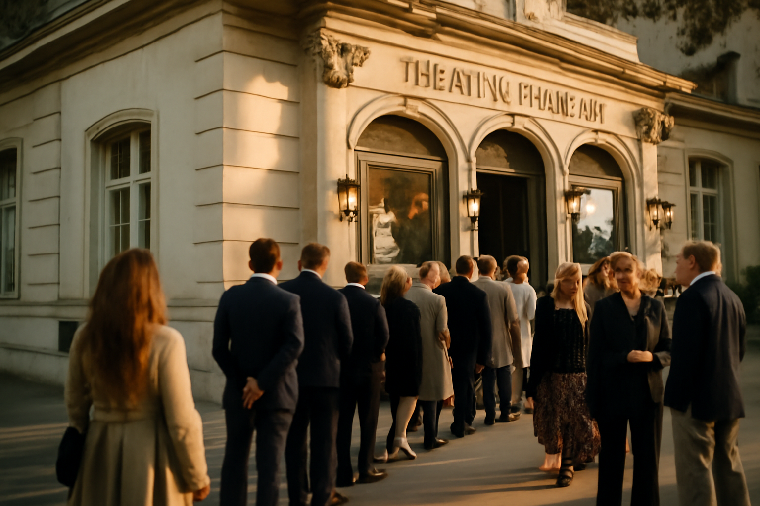 Façade du théâtre Marigny à Paris avec spectateurs à l’entrée, lumière du soir et affiches de programmation