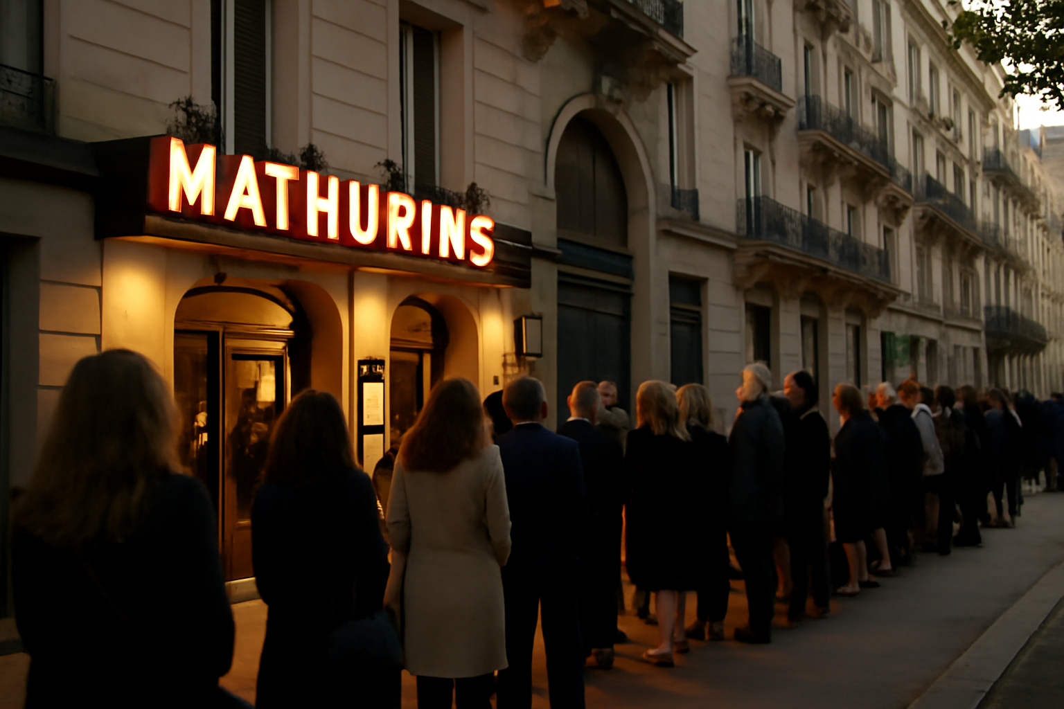 Façade du théâtre des Mathurins à Paris devant l’entrée, lumière de fin d’après-midi