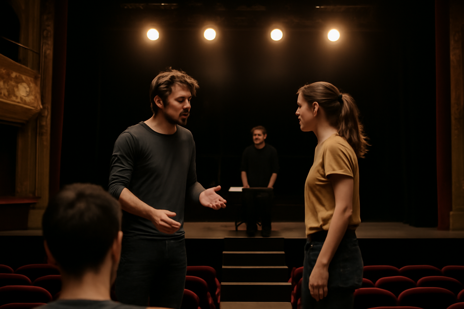 Scénographie du Théâtre Nouvelle Génération Lyon : lumière et acteurs avant une représentation