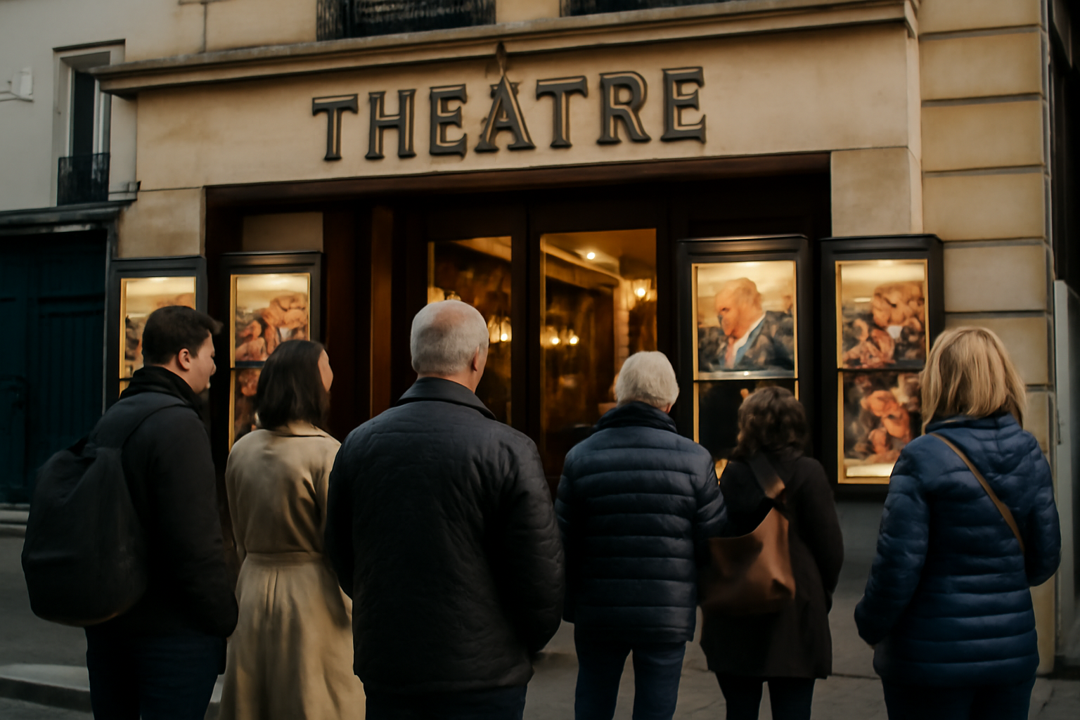 Entrée du Théâtre de l’Œuvre à Paris, façade et rue animée de nuit, ambiance spectacle