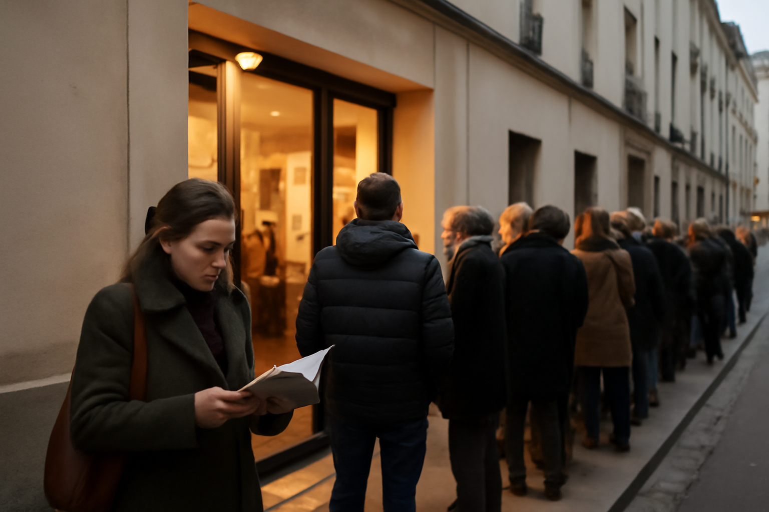 théâtre du petit saint-martin à Paris, entrée de salle et public en soirée, lumière chaude