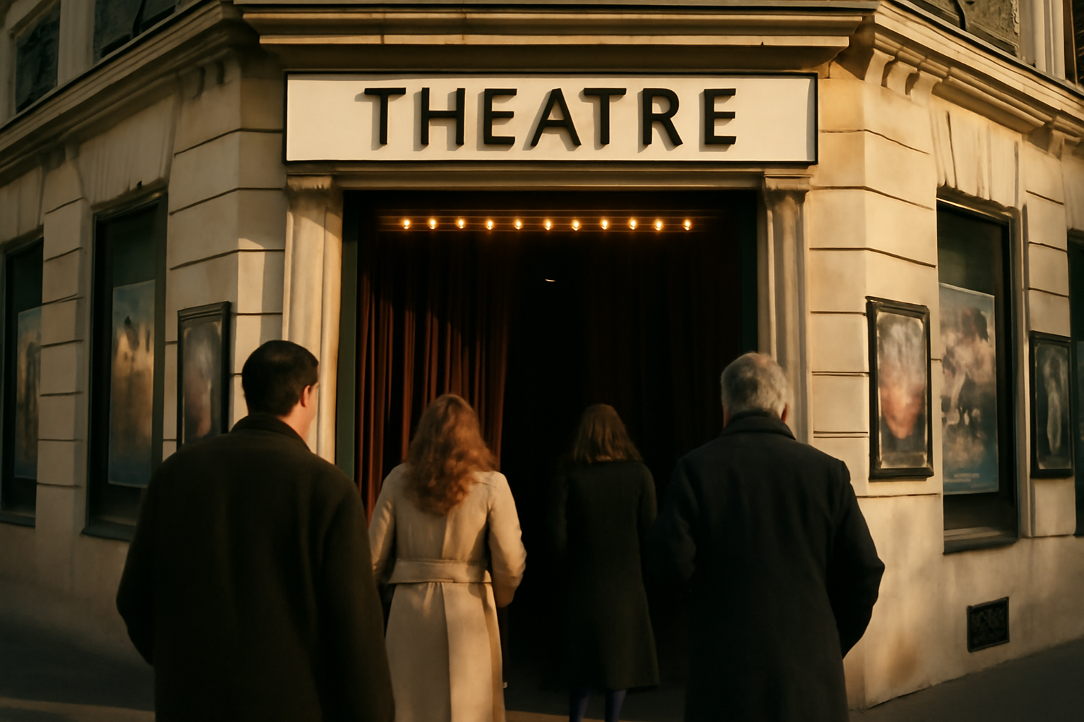 Façade du théâtre du rond-point Paris 8, spectateurs entrant à la tombée du jour, lumière chaude