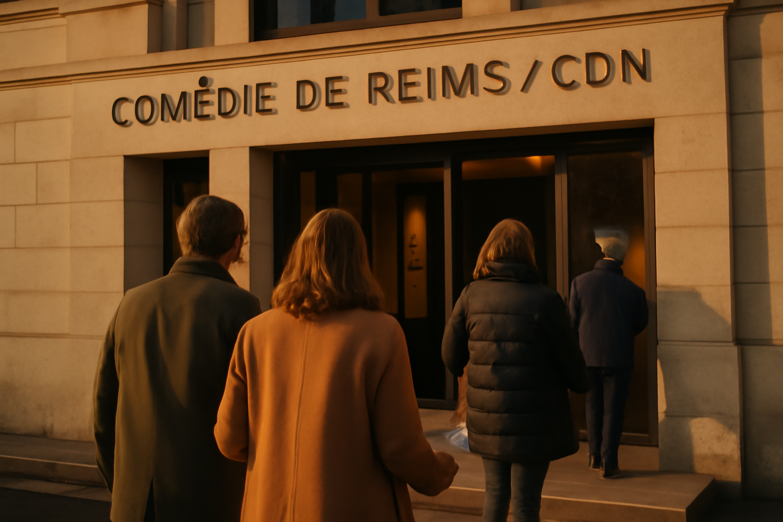 Scène de théâtre devant le public à la comédie de reims, façade du CDN sous lumière naturelle, personnes entrant dans la salle
