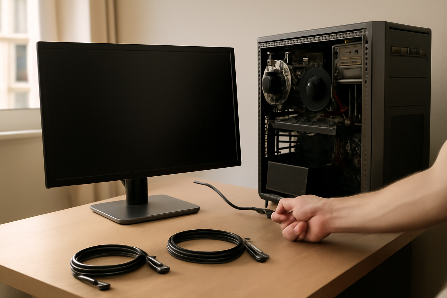 ecran noir pc sur un bureau avec écran allumé et câbles HDMI/DisplayPort débranchés