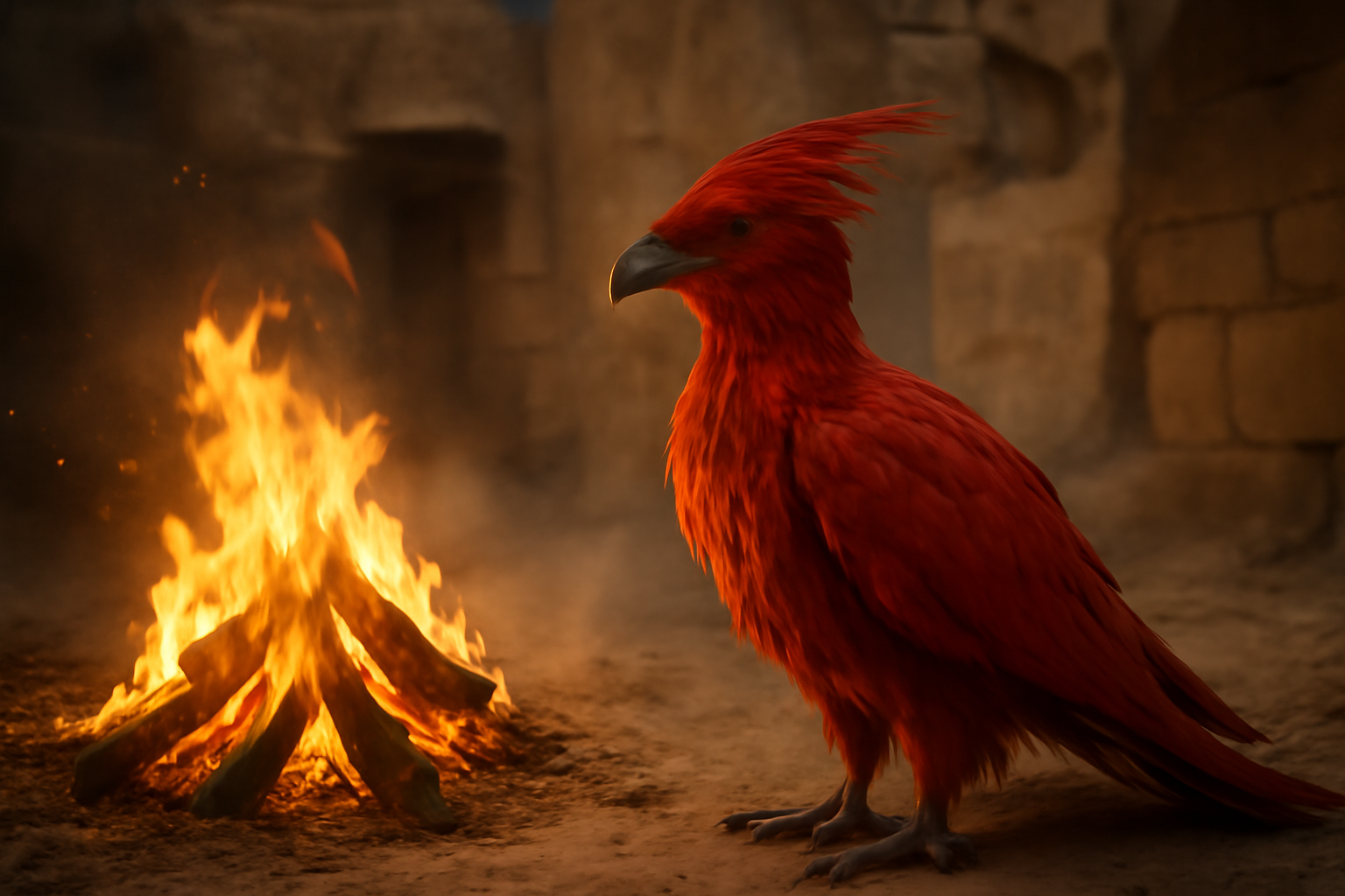 Le phénix, oiseau de feu, au-dessus d’un bûcher embrasé avec des cendres tourbillonnantes, lumière chaude et atmosphère mythique