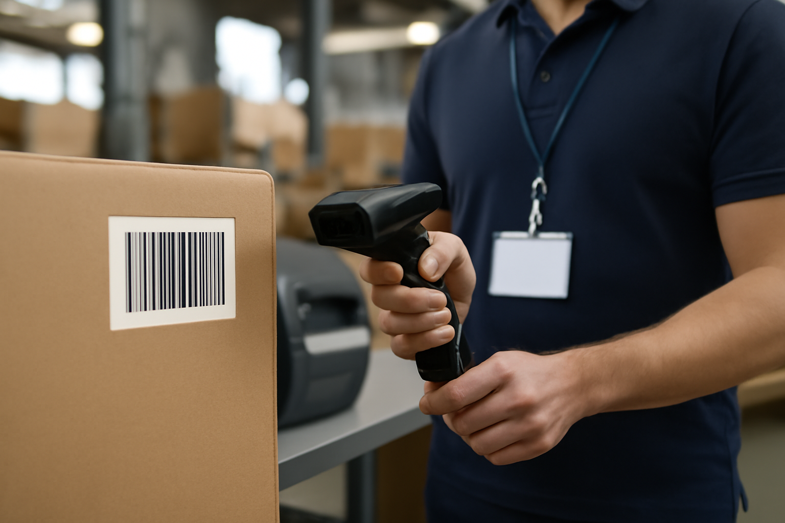 police code barre sur étiquette industrielle imprimée, scanner 1D et opérateur vérifiant la lecture