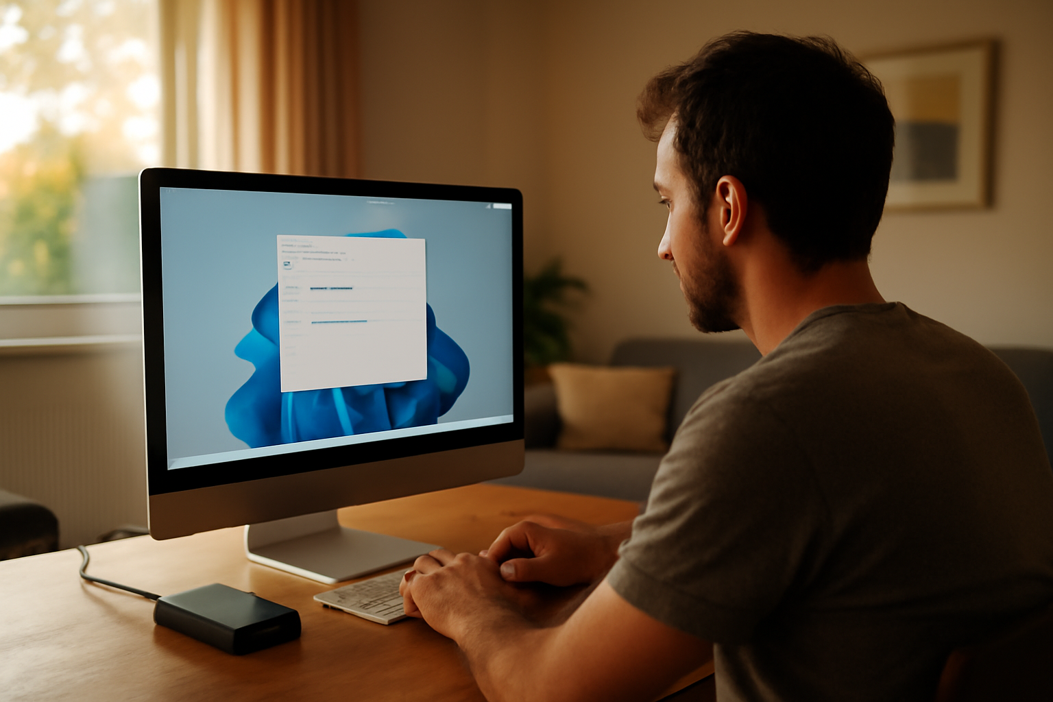 sauvegarde pc sur ordinateur Windows avec disque externe et câble USB, scène photo réaliste