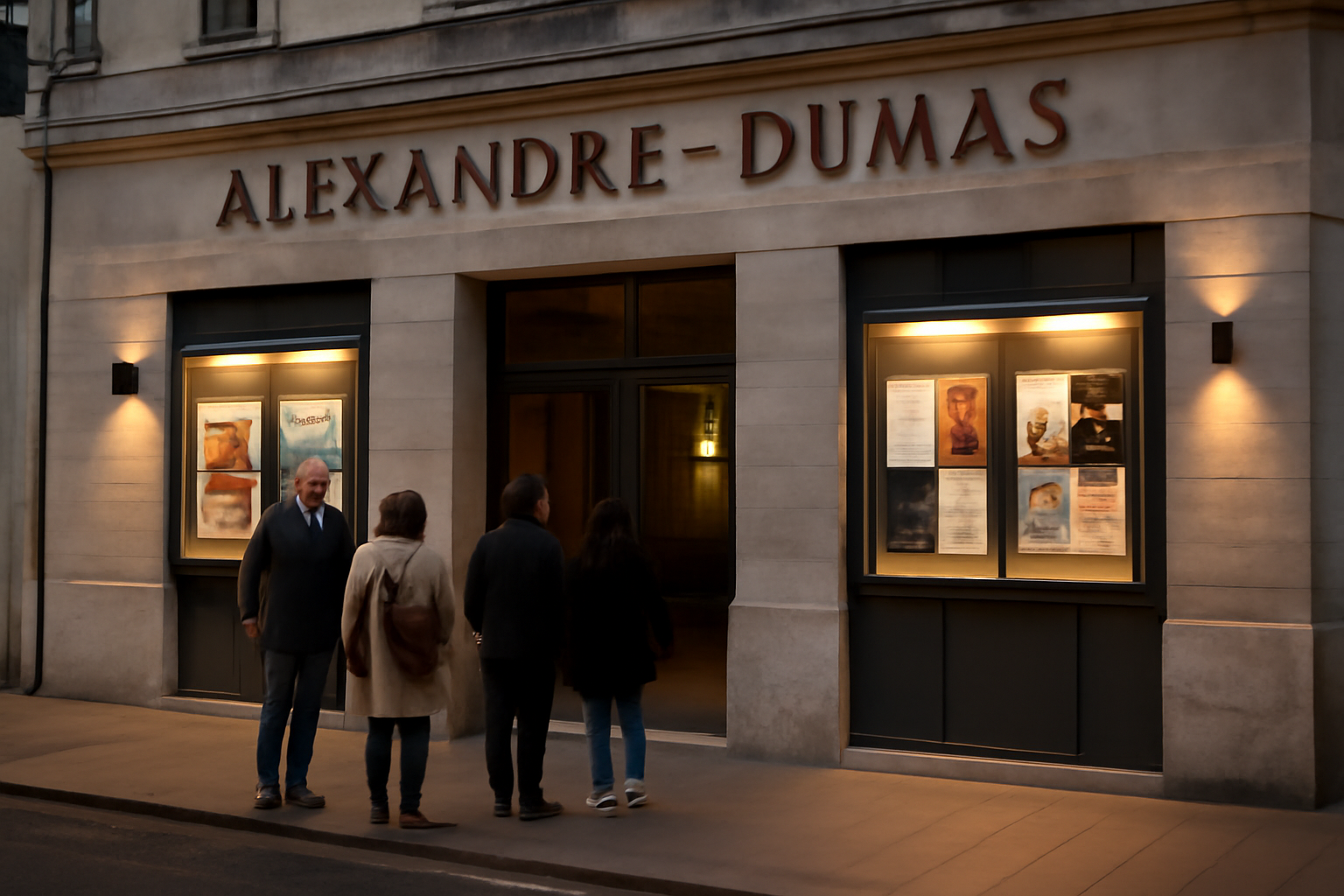 Façade du théâtre Alexandre-Dumas, entrée et affichage de la programmation, lumière du soir réaliste