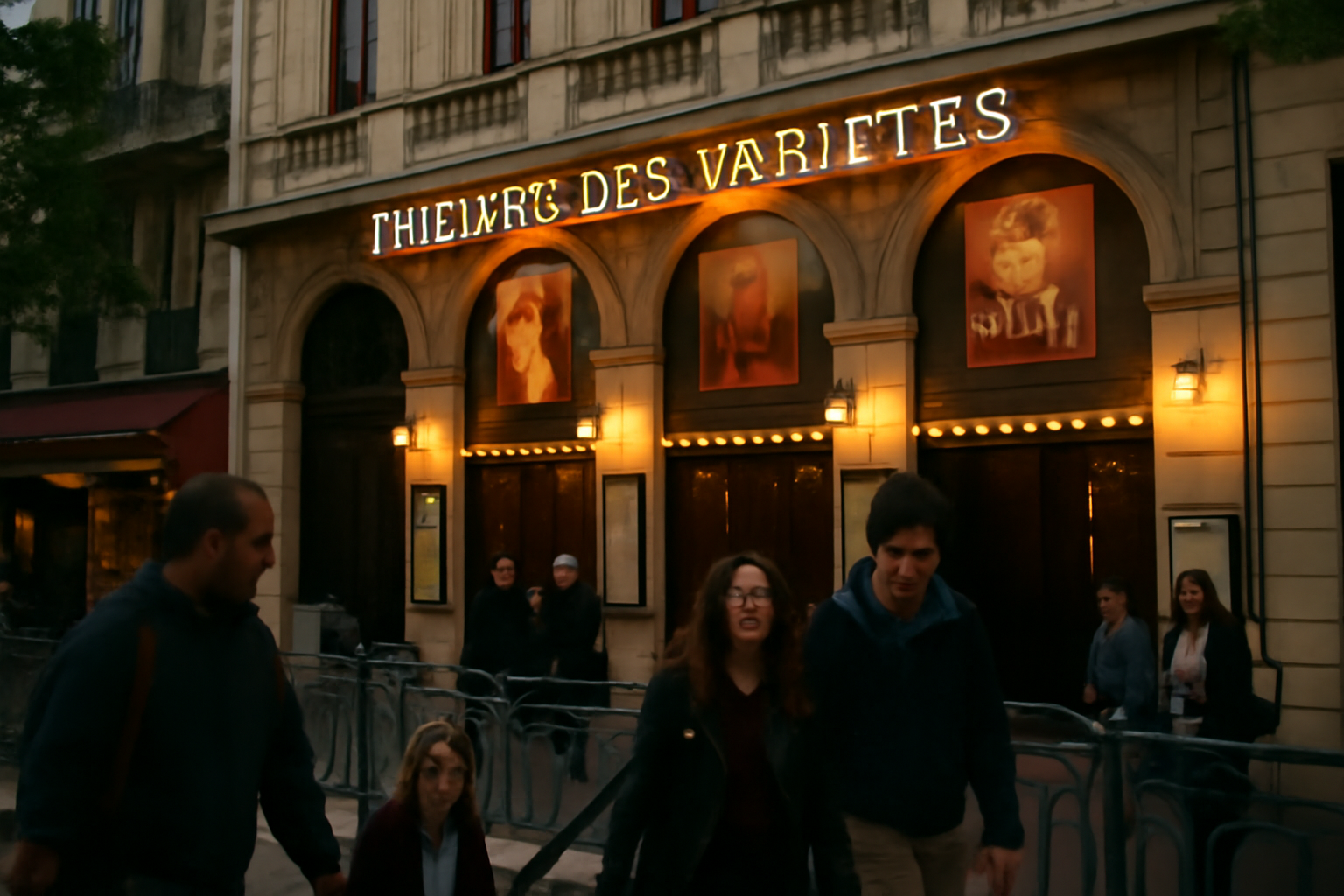 Façade du théâtre des variétés à Paris, 7 boulevard Montmartre, 2e arrondissement, lumière de soirée réaliste