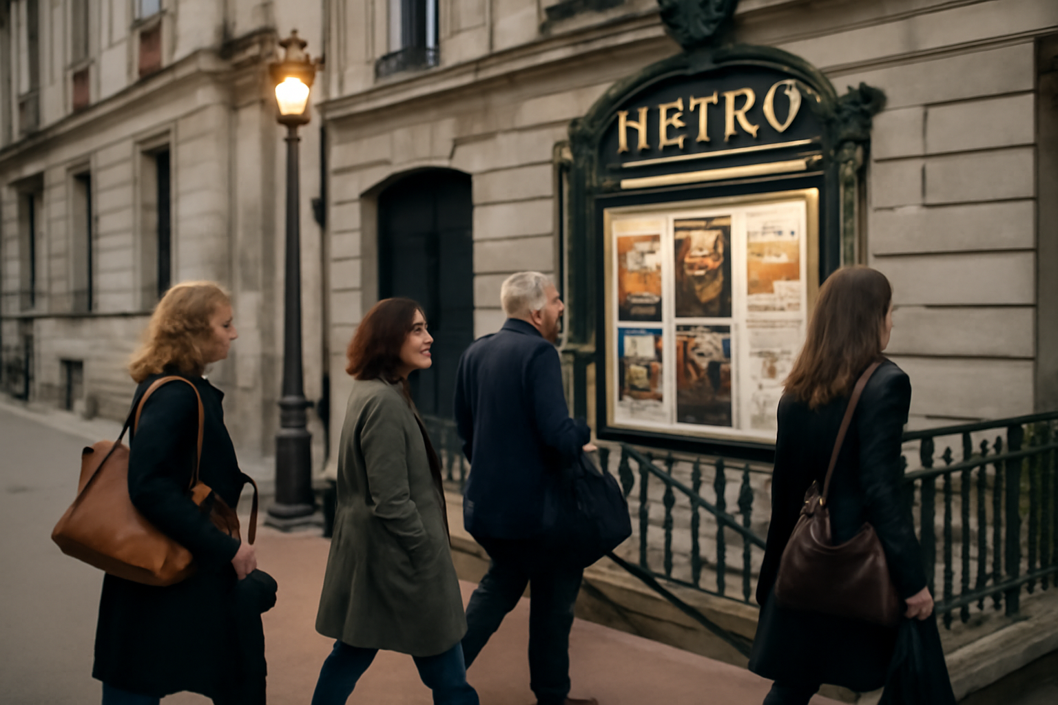 Façade du théâtre du Vieux-Colombier à Paris, rue du Vieux-Colombier, ambiance soirée