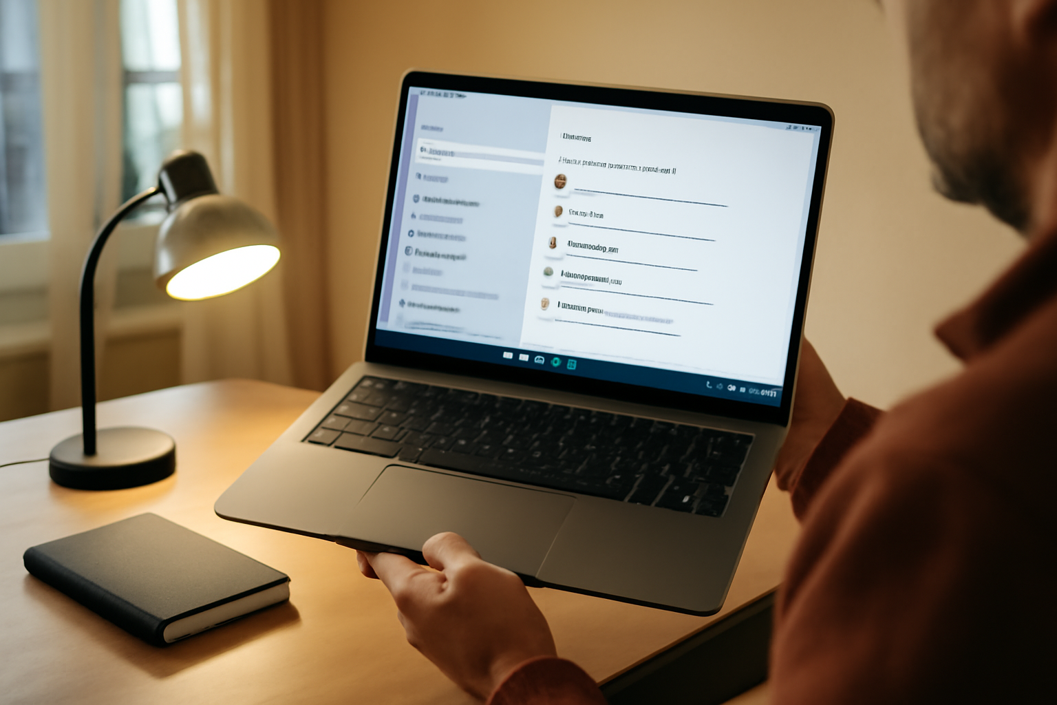 Comment mettre un mot de passe sur ordinateur : écran de réglages Windows avec menu Options de connexion, main tenant un ordinateur portable en bureau lumineux