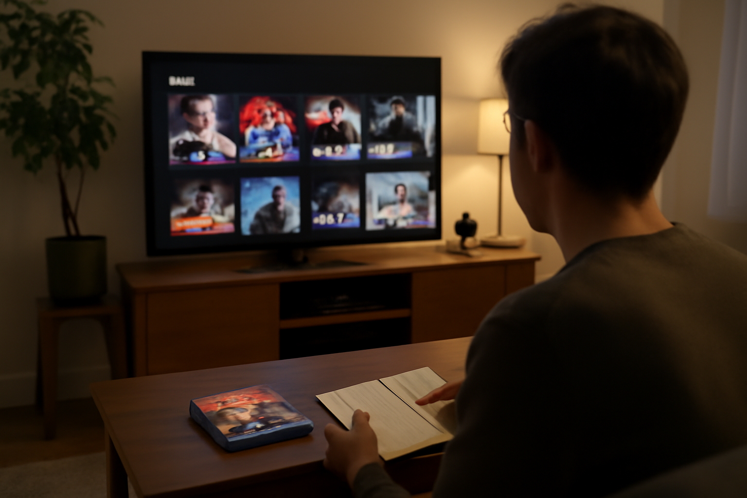 Films et séries tv avec Fred Testot : scène photo réaliste avec un écran de streaming et une affiche de cinéma