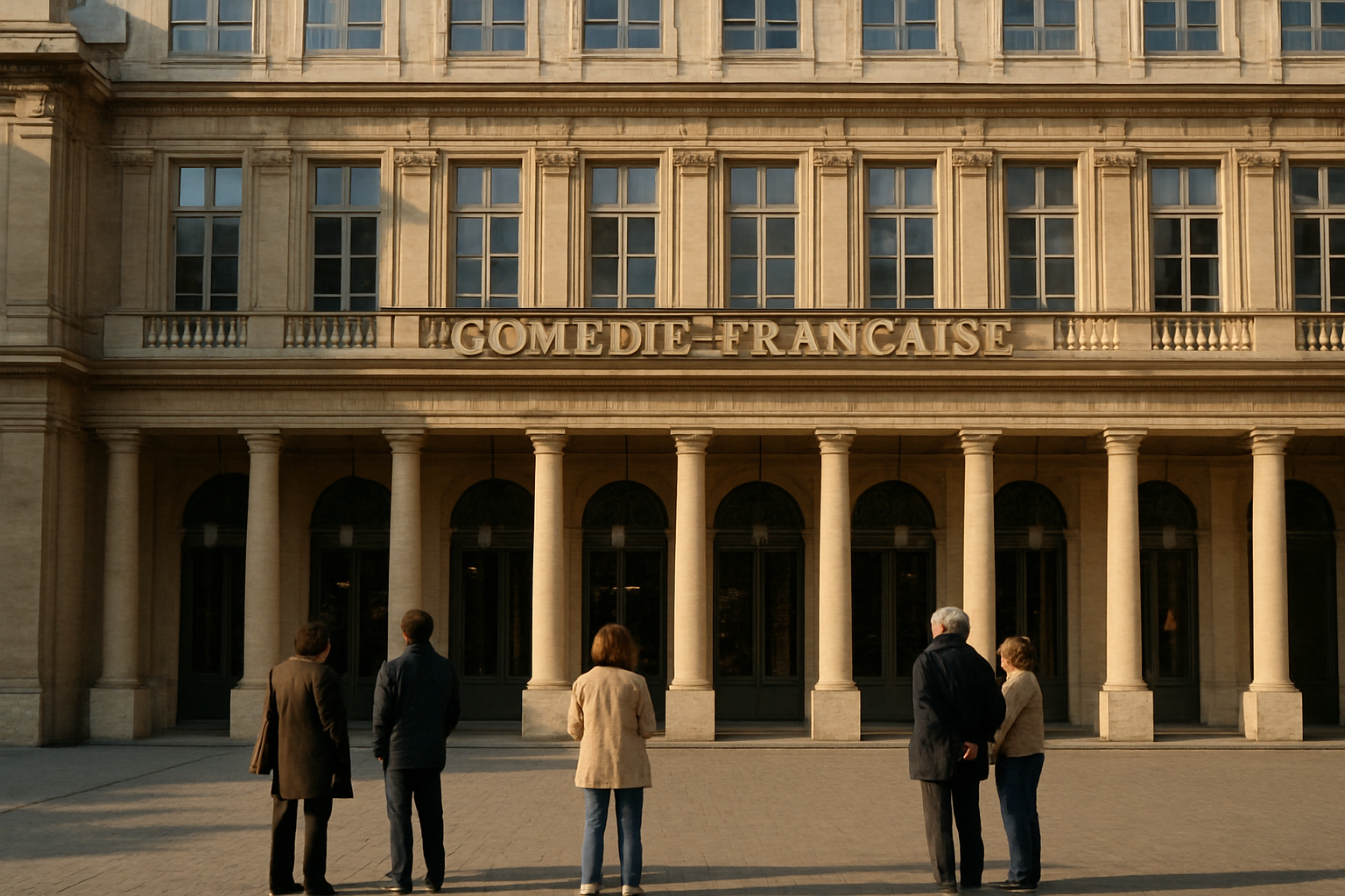 Façade du Palais-Royal à Paris et entrée de la Comédie-Française, ambiance soirée, photo réaliste
