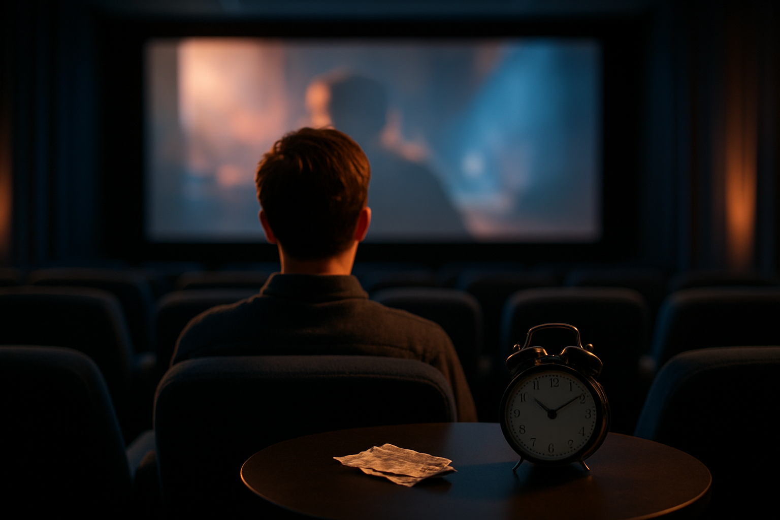 Un spectateur devant un écran de cinéma avec une horloge et des billets de voyage, lumière dramatique, photo réaliste