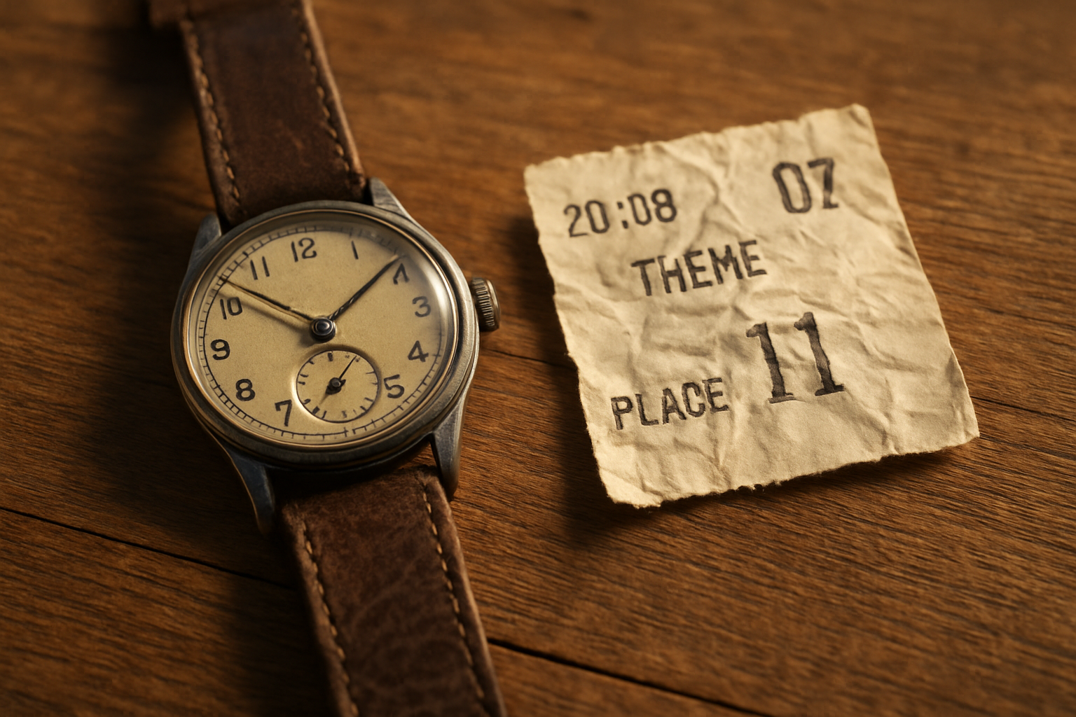 Plan rapproché d'une montre-bracelet et d'un ticket de cinéma, lumière chaude, photo réaliste