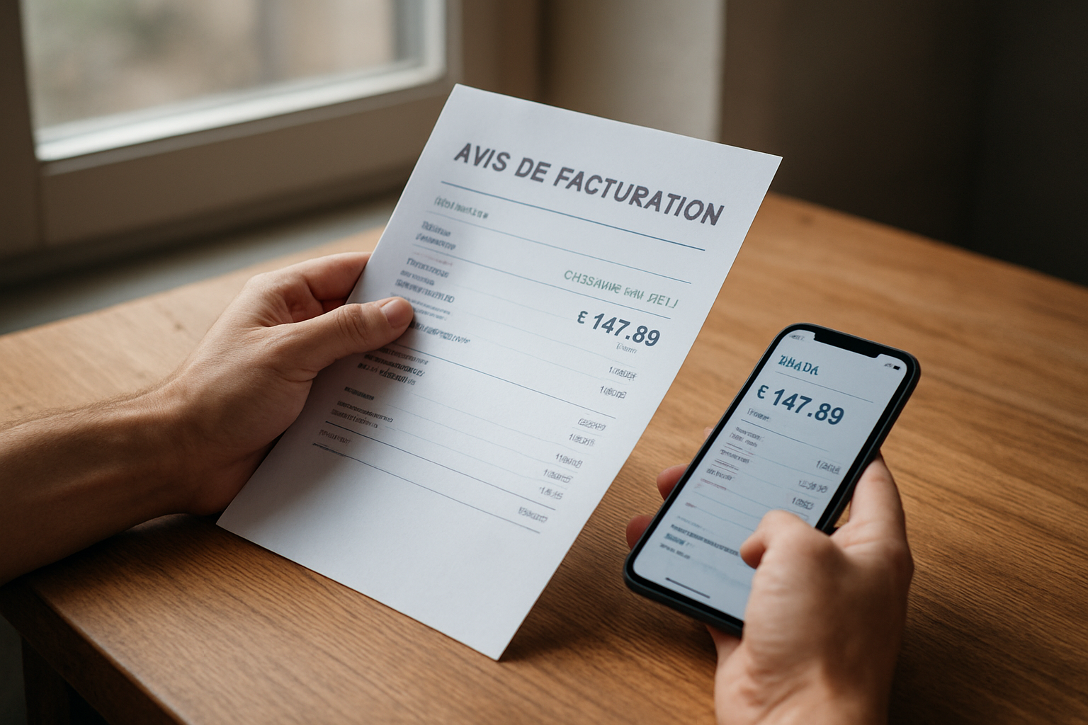 Avis de facture Free impayée avec période et montant visibles sur une table, photo réaliste