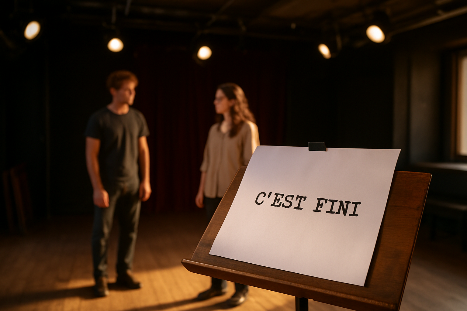 Réplique théâtrale : « c’est fini » sur une affiche de répétition, studio de théâtre, lumière chaude