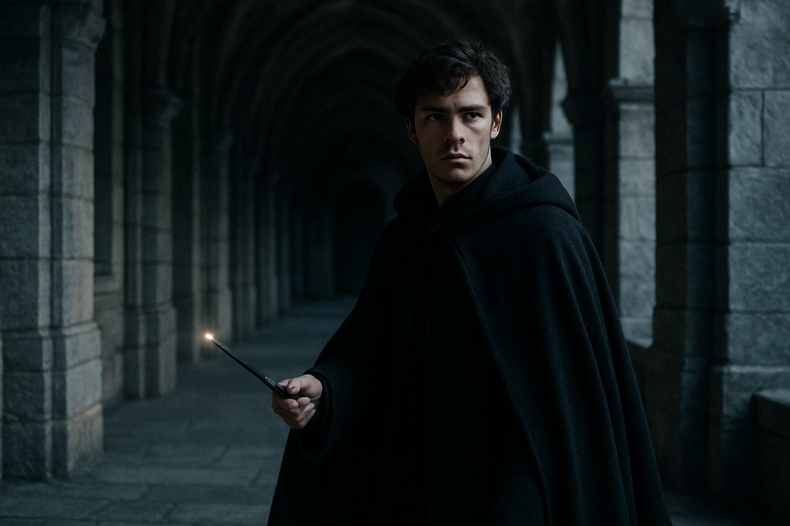 Portrait dramatique d’un sorcier sombre, cape sombre et baguette, dans un couloir de pierre évoquant Durmstrang, lumière froide de fin de journée